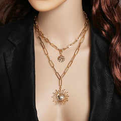 Vintage Stacked Metal Sun Pendant Necklace