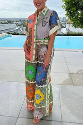 Pretty and Posh Linen Blend Mermaid Print Button Down Oversized Blouse