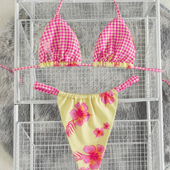 2 Piece Floral Bikini Hibiscus Flower Print Swimwears Gingham Binding Halter Neck Side Tie Swimsuit Bikinis Set