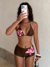 2 Piece Floral Swim Outfit Bathing Suits Hibiscus Lily Print Halter Bikinis Set