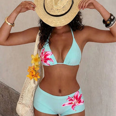 2 Piece Floral Swim Outfit Bathing Suits Hibiscus Lily Print Halter Bikinis Set