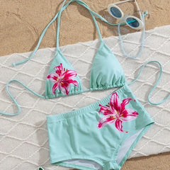 2 Piece Floral Swim Outfit Bathing Suits Hibiscus Lily Print Halter Bikinis Set