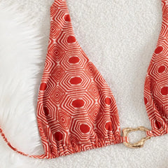 2 Piece Geometric Print Bikini Swimwears Pattern Halter Neck Triangle Bikini with Front Gold Ring High Cut Swimsuits