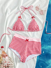 2 Pieces Plaid Print Bikini Swimsuit Halter Swimwear Bathing Suit Short Pants Micro Bikini Set