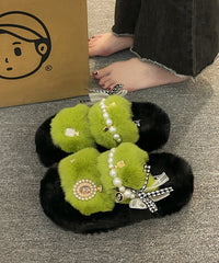 New Khaki Nail Bead Bow Platform Teddy Slide Sandals