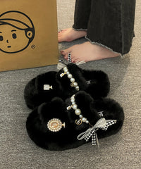 New Khaki Nail Bead Bow Platform Teddy Slide Sandals