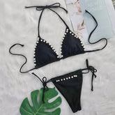 Micro Bikini Black Pearl Two Piece Swimsuit Triangle Backless Bathing Suit Low Waist Thong Drawstring Bikinis BZ125