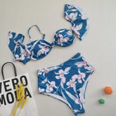 Floral Printed Bikini Oversize 2 Piece Swimsuit Strapless Backless Bathing Suit Ruffle Sleeve Swimwear