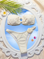Bikini 3D Flower Hollow Out Strapless Backless Swimsuit White 2 Piece Set