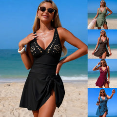 V Neck Swim Dress One Piece Swimsuit Tummy Control Cutout Wrap Skirted Bathing Suit