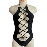 One Piece Bikini Cross Bandage Hollow Out Black Swimwear Halter Monokini Backless Bathing Suit HCHY082