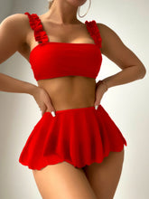 Red Swimsuit High Waist Skirt Three-Piece Bikini Ruffle Suspender Chest Wrap Swimwear Beach Bathing Suit