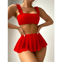 Red Swimsuit High Waist Skirt Three-Piece Bikini Ruffle Suspender Chest Wrap Swimwear Beach Bathing Suit