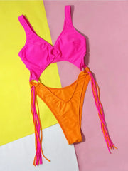 Rose Red Patchwork One Piece Swimsuit Women