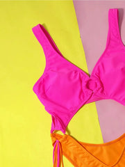 Rose Red Patchwork One Piece Swimsuit Women