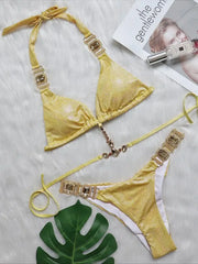 Rhinestone Bikini Snake Print Cut Out Bandage Cross Diamond Swimsuit Metal Chain Bathing Suit Swimwear