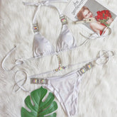 Rhinestone Bikini Snake Print Cut Out Bandage Cross Diamond Swimsuit Metal Chain Bathing Suit Swimwear