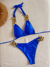 Solid Color Swimsuit Two Piece Chain Bikini V-neck Halter Lace-up Swimwear Low Waist Thong Beach Bathing Suit