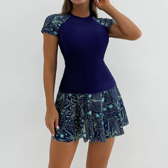 Split Bikini Beach Skirt Sports 2 Piece Swimsuit High Waist Tankini Swimwear Round Neck Short Sleeve Bathing Suit