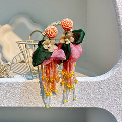 Handmade Fabric Rice Bead Tassel Earrings