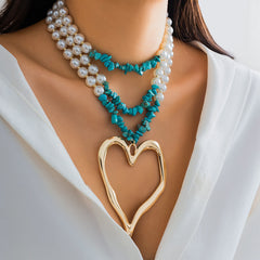 Retro Three-layer Big Heart Turquoise Necklace