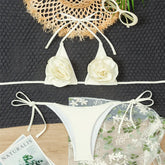 3D Flower Solid White Swimwear Halter String Triangle Micro Bikini Thong Swimsuit Swimming Wear Suit Bikinis Set