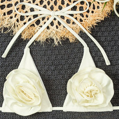 3D Flower Solid White Swimwear Halter String Triangle Micro Bikini Thong Swimsuit Swimming Wear Suit Bikinis Set
