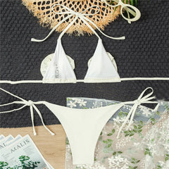 3D Flower Solid White Swimwear Halter String Triangle Micro Bikini Thong Swimsuit Swimming Wear Suit Bikinis Set
