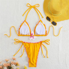 3D Flowers String Halter Triangle Bikinis Sets