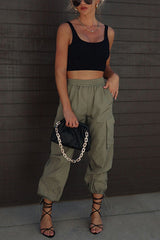 Let*s Rewind Nylon Elastic Waist Pocketed Cargo Pants
