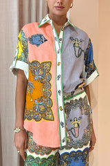 Pretty and Posh Linen Blend Mermaid Print Button Down Oversized Blouse