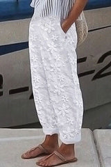 Wishing for It Cotton Linen Patchwork Flower Elastic Waist Pocketed Pants