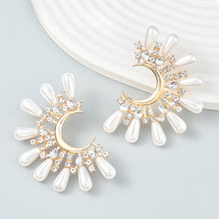 Floral Burst Boho Pearl Cluster Drop Earrings