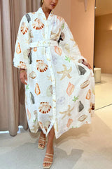 Swinton Marine Element Print Pocket Balloon Sleeve Belted Maxi Dress