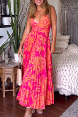 Wedding Party Season Floral Print Pleated Back Tie-up Midi Dress