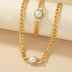 Pearl Cuban Clavicle Chain & Bracelet Set