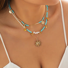 Rice Beads Sequin Tassel Sunflower Necklace