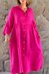 Mindful Cotton Blend Solid Color Button Casual Midi Dress