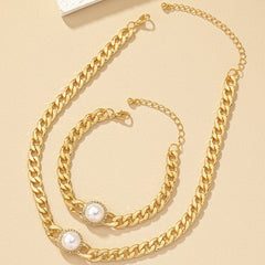Pearl Cuban Clavicle Chain & Bracelet Set
