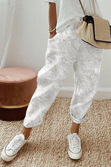 Wishing for It Cotton Linen Patchwork Flower Elastic Waist Pocketed Pants