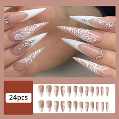 24pcs Long Stiletto Floral Fake Nail & 1sheet Tape