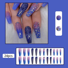 24pcs Long Coffin Rhinestone Decor Gradient Fake Nail & 1sheet Tape
