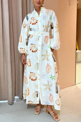 Swinton Marine Element Print Pocket Balloon Sleeve Belted Maxi Dress