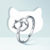 925 Sterling Silver Little Cat & Heart Finger Ring
