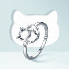 925 Sterling Silver Little Cat & Heart Finger Ring
