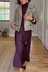 Jaelyn Solid Color Turtleneck Long Sleeve Sweater and Satin Elastic Waist Maxi Skirt Set