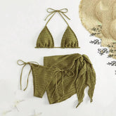 Army Green Solid Swimwears 3 Piece Halter Triangle Bikini Set