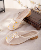 Beige Embroidered Slide Sandals Tulle Boho Splicing