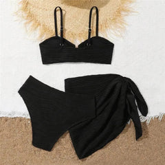Beige Texture Solid Swimwears 3 Piece Bikini Set