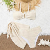 Beige Texture Solid Swimwears 3 Piece Bikini Set